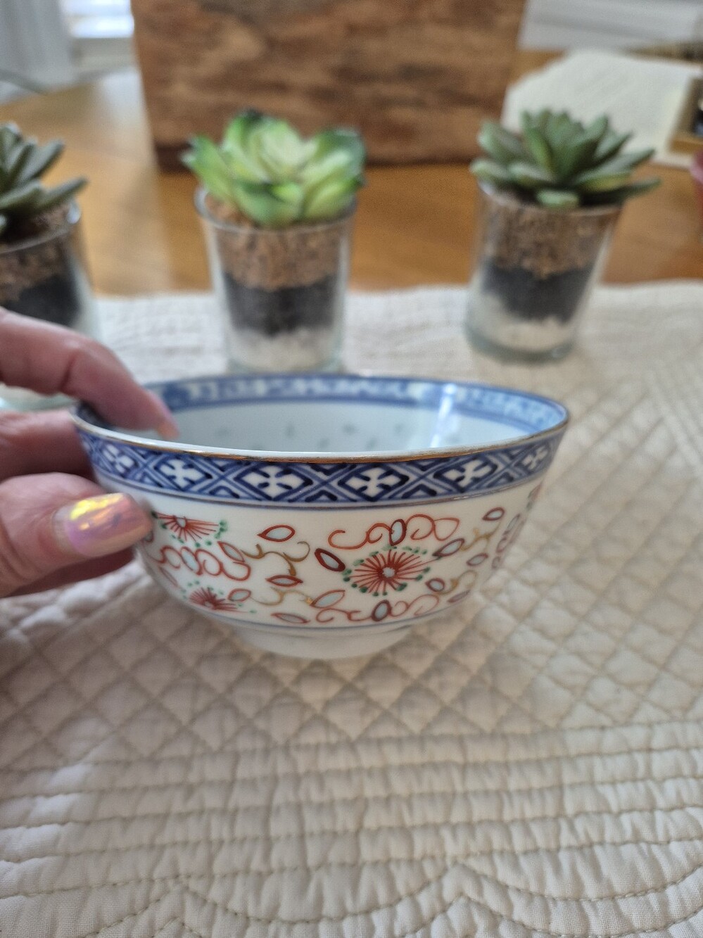 Vintage Asian Porcelain Decorative Bowl with Gold Trim